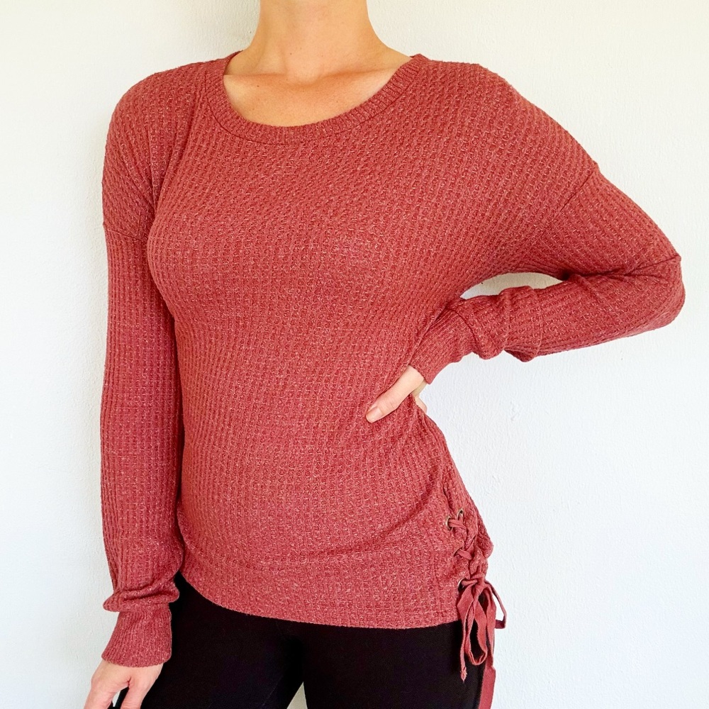 So red pink waffle knit lace up long sleeve top size medium